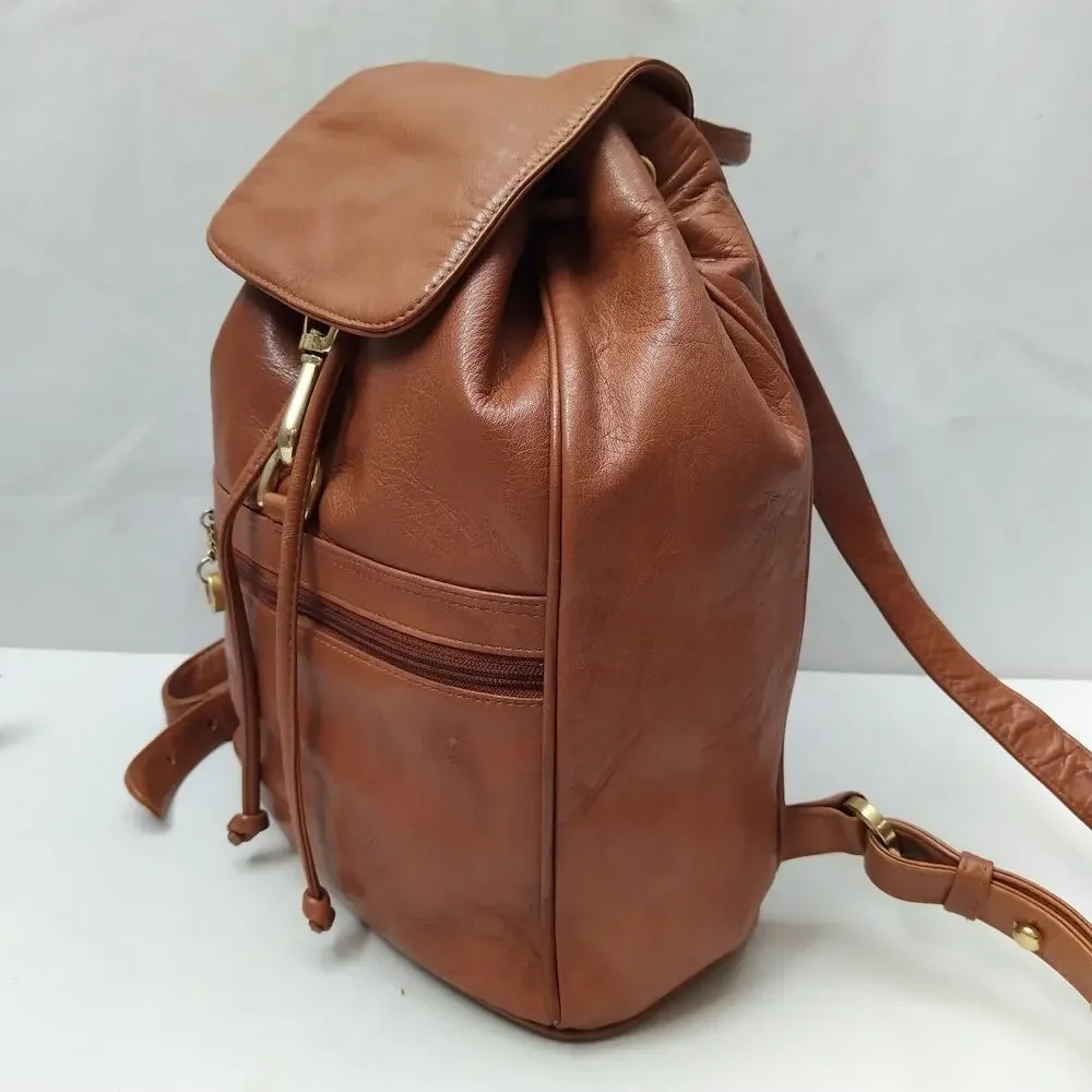 Perlina Brown Leather Zipper Pockets Flap Top Handle Drawstring Backpack